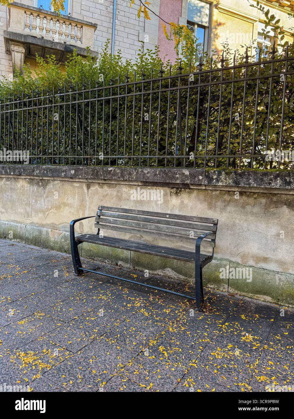 Leere Holzbank, umgeben von gefallenen gelben Blättern auf einem Kopfsteinpflaster-Gehweg, mit einer alten Steinmauer und einem schmiedeeisernen Zaun, die an die autulente Ruhe erinnern - Smartphone-aufgenommenes Stockfoto