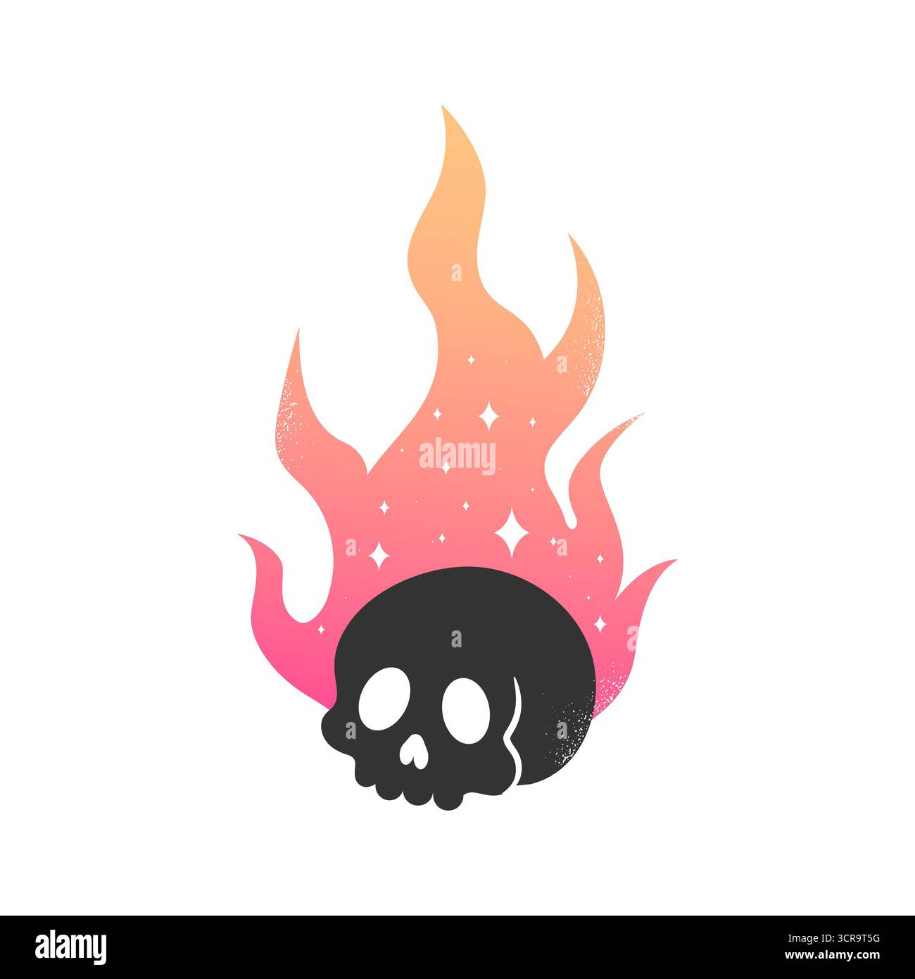 Himmlisches Emblem mit menschlichem Schädel auf Feuersilhouette. Brennender Schädel mit Sternen verziert. Vektorabbildung Stock Vektor