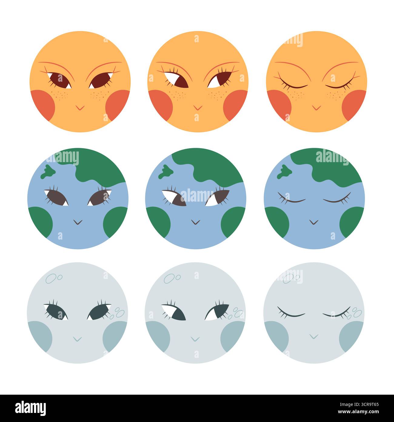Handgezeichnete Boho-Planeten-Ikonen von Sonne, Mond und Erde mit menschlichem Gesicht. Himmlisches Zeichentrickset. Vektorabbildung Stock Vektor