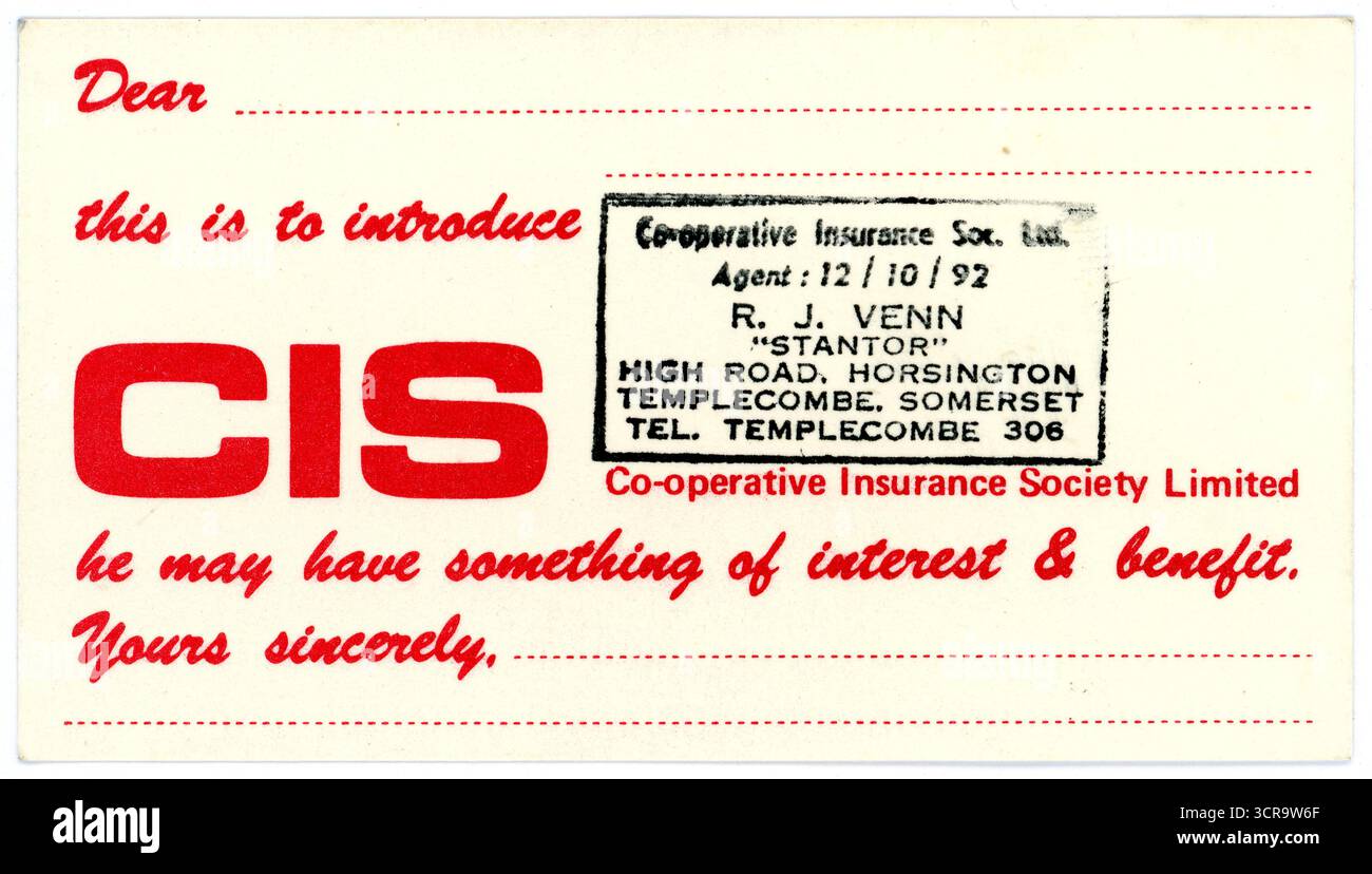 Orfiginal 1950's Einführung, Visitenkarte für (CIS) Co-operative Versicherungsgesellschaft, Horsington, Templecombe, Somerset. GROSSBRITANNIEN Stockfoto