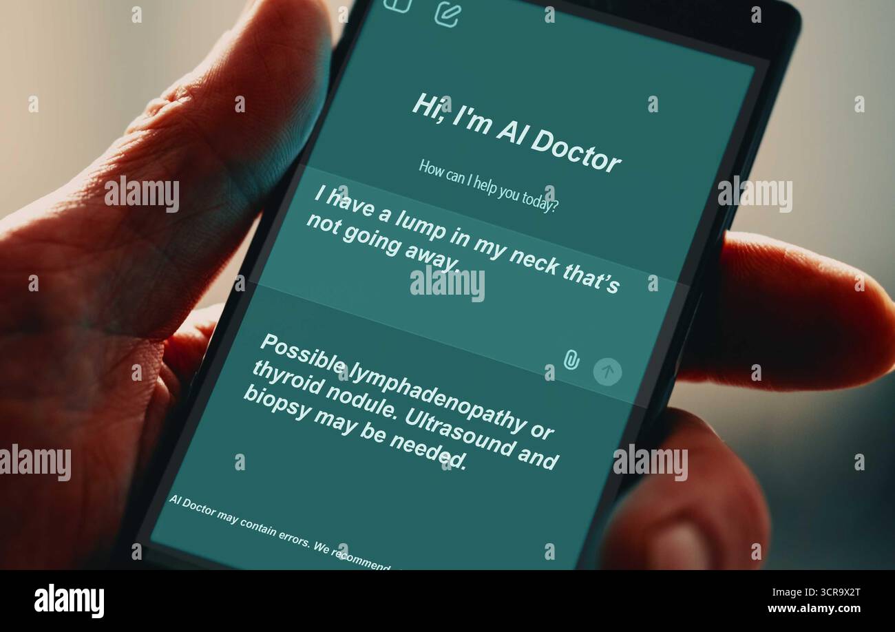 Auf künstlicher Intelligenz basierende Mobile App im Gesundheitswesen Ich habe einen Knoten im Nacken, der nicht verschwindet. Mögliche Lymphadenopathie oder Schilddrüsenknoten. Ultras Stockfoto Auf künstlicher Intelligenz basierende Mobile App im Gesundheitswesen Ich habe einen Knoten im Nacken, der nicht verschwindet. Mögliche Lymphadenopathie oder Schilddrüsenknoten. Ultras Stockfoto