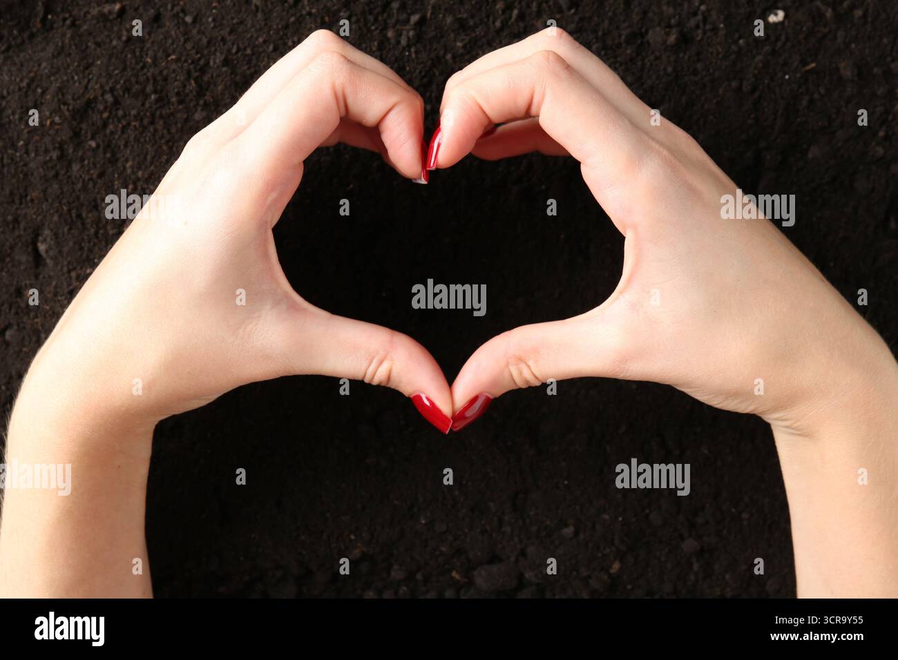 Frau macht Herzgeste in der Nähe von frischem Boden, Draufsicht Stockfoto