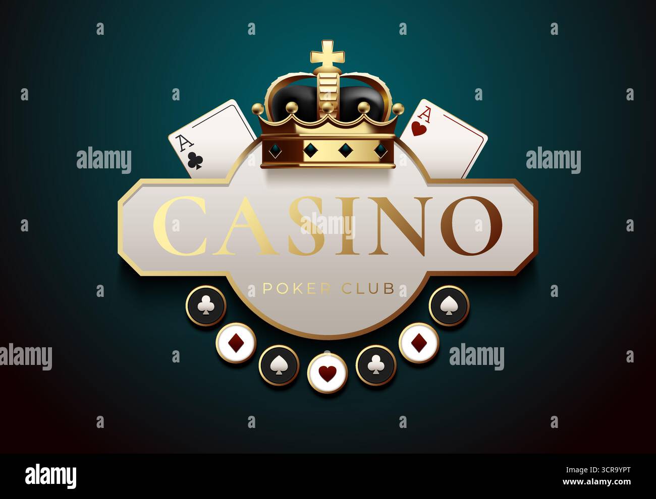 Luxuriöses Kasino-Emblem mit goldener Krone, Poker-Chips und Spielkarten. Elegantes Glücksspiel-Logo auf dunklem Hintergrund. Für Poker Club, Casino Stock Vektor