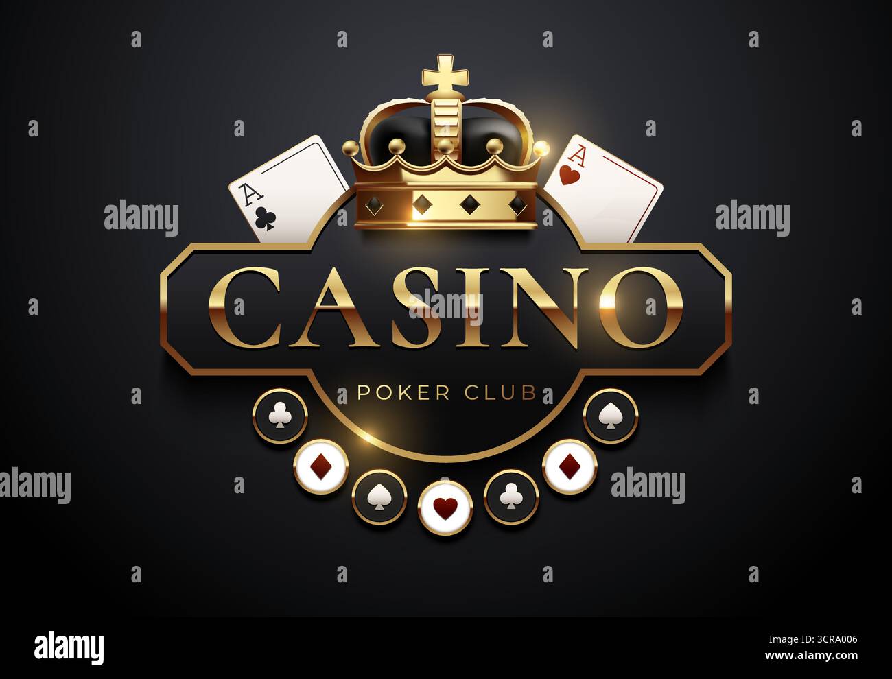Luxuriöses Casino-Poker-Emblem mit goldener Krone, Assen und klassischen Spielkartenanzügen. Premium-Glücksspiele in Schwarz und Gold, Poker-Turnier Stock Vektor