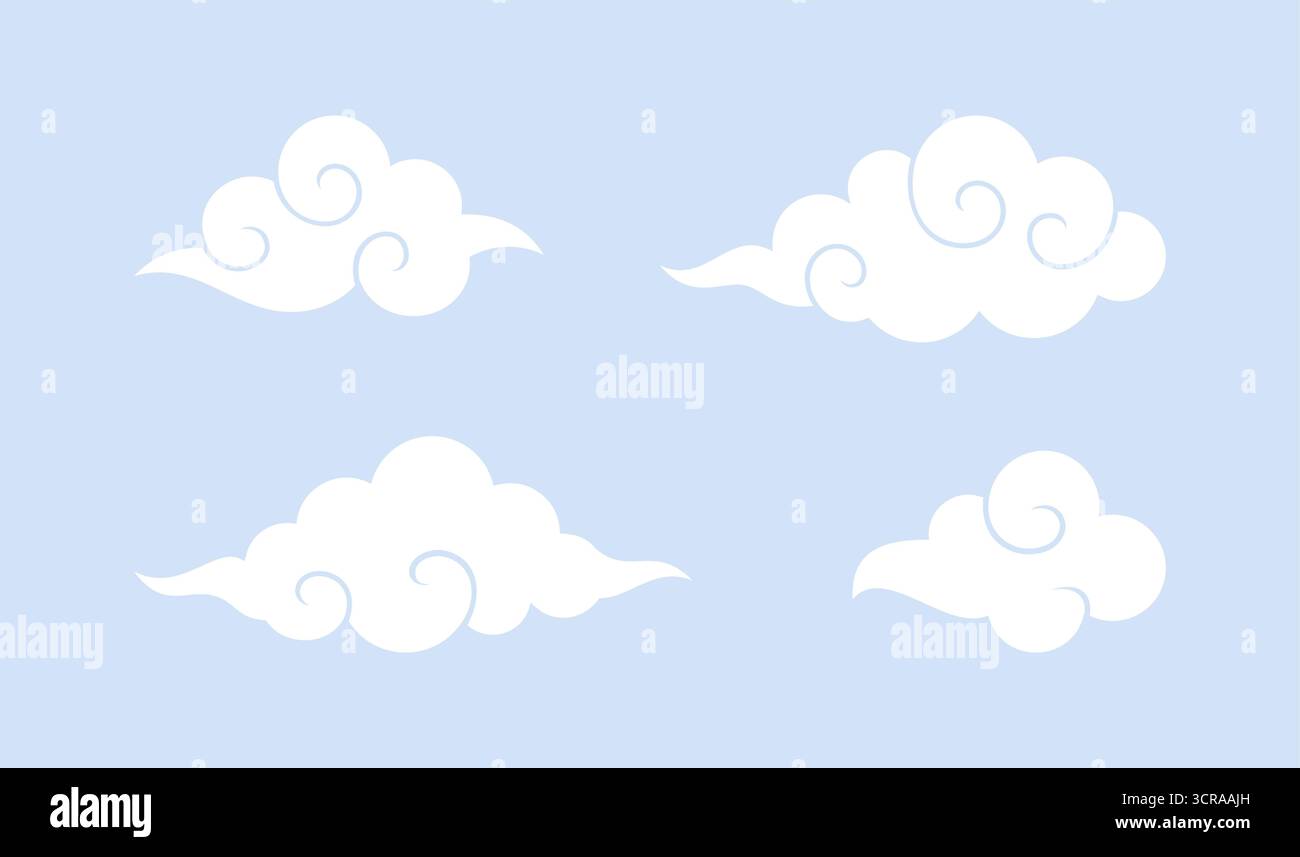 Satz weißer Wolken im asiatischen Stil auf blauem Hintergrund. Vektorabbildung Stock Vektor