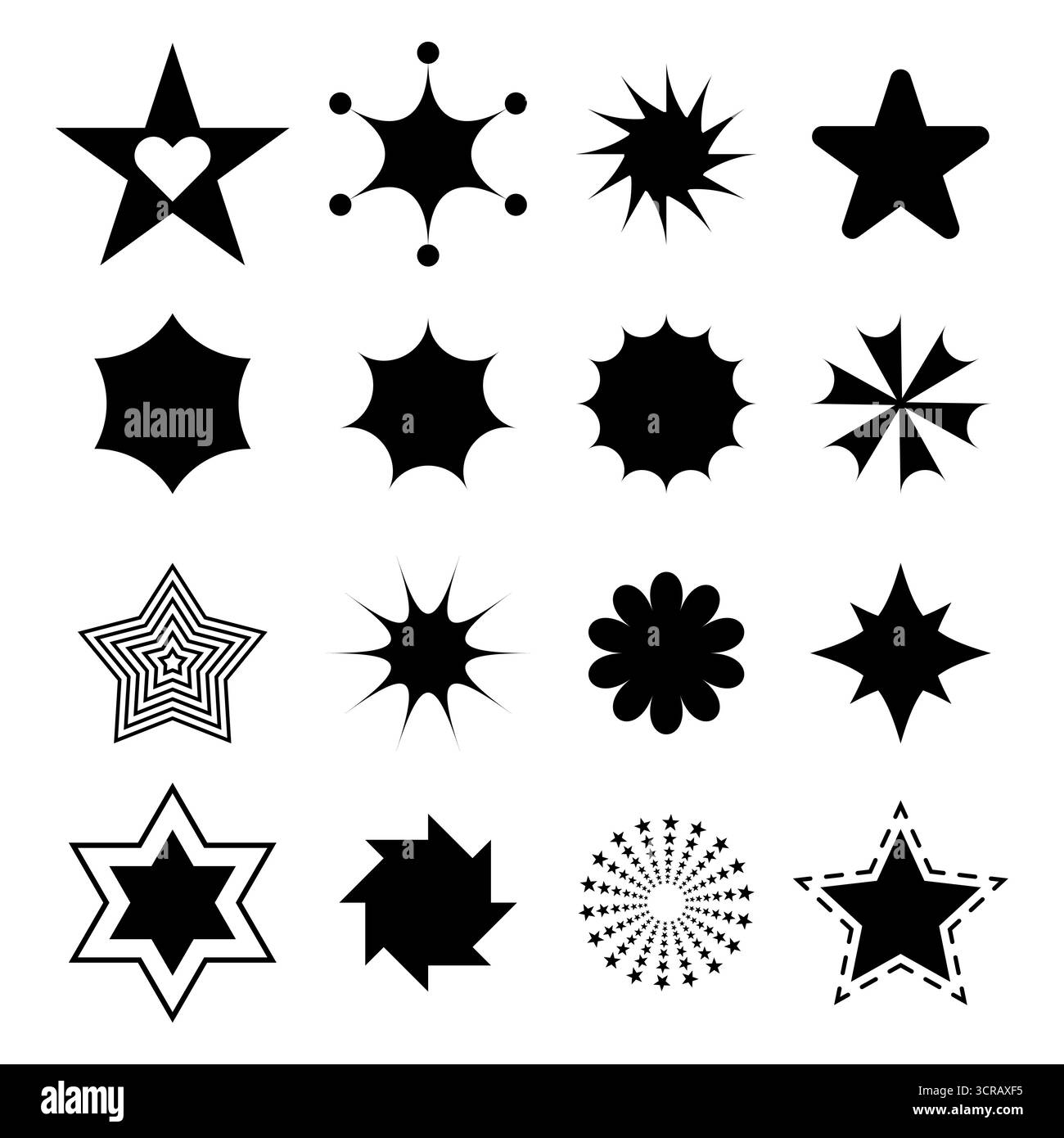 Sammlung von dekorativen Sternformen und abstrakten Sternensymbolen. Vektorabbildung. Perfekt für Logos, Ikonen, festliche Dekorationen und Weihnachtsmotive. Stock Vektor