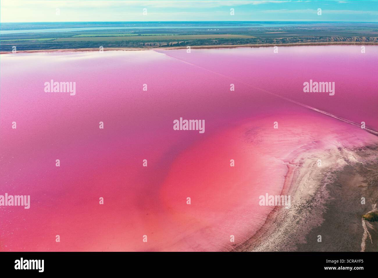 Panoramablick von oben auf den Pink Lake Kuyalnik, Region Odessa, Ukraine. Salzige Textur von Pink Lake. Wasser- und Naturhintergrund Stockfoto