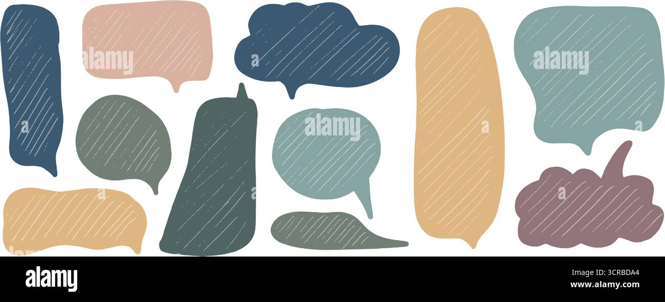 Verschiedene Sprechballons in sanften Farben sorgen für ein skurriles Design, das Kreativität einlädt und Gespräche anregt. Perfekt für Kunstprojekte oder digi Stock Vektor
