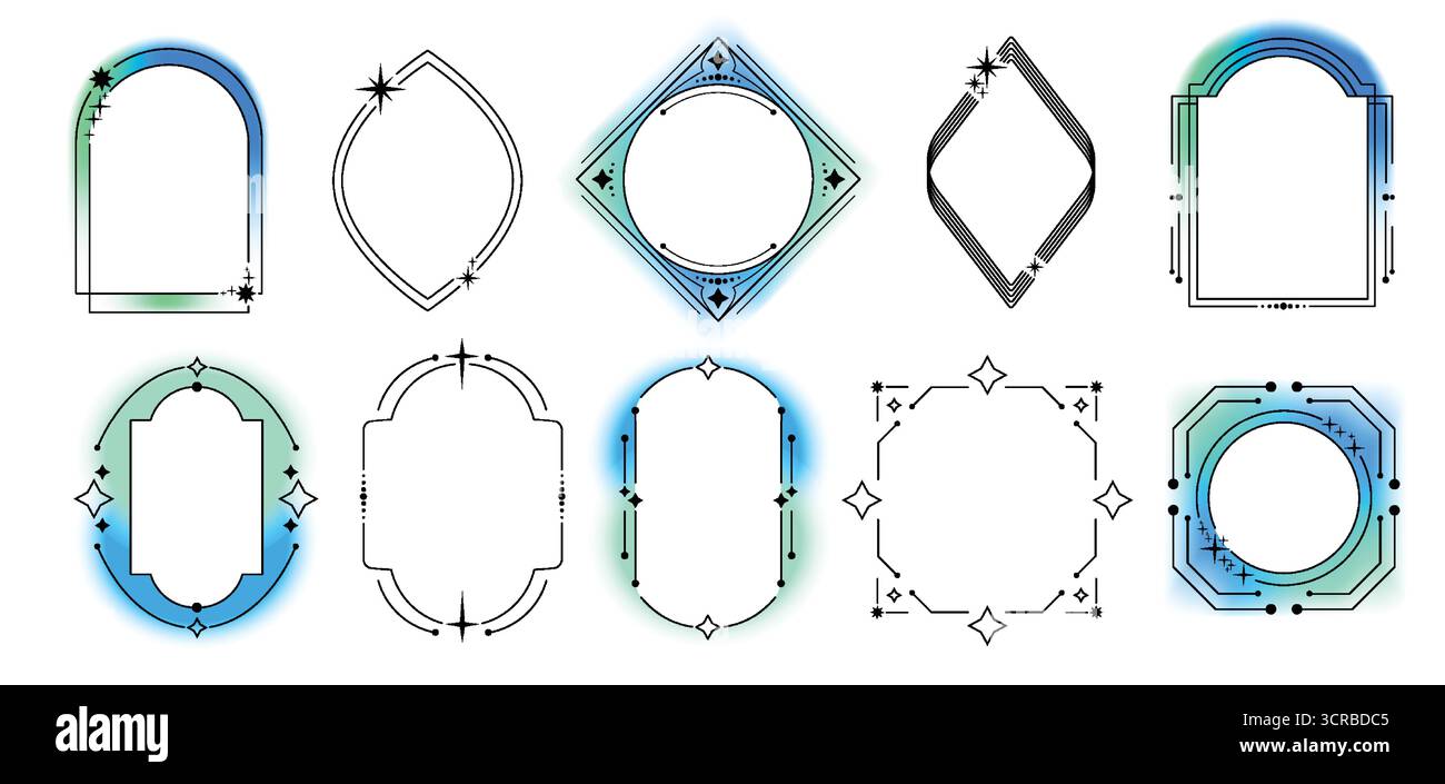 Dekorative Rahmen mit Unschärfe- und Aura-Effekten für y2k-Design – Blau- und Grünverlaufsleuchten, geometrische Formen, Sterne und Funkeln. Moderne, minimalistische Abzeichen oder Etiketten mit Neonbeleuchtung. Stock Vektor