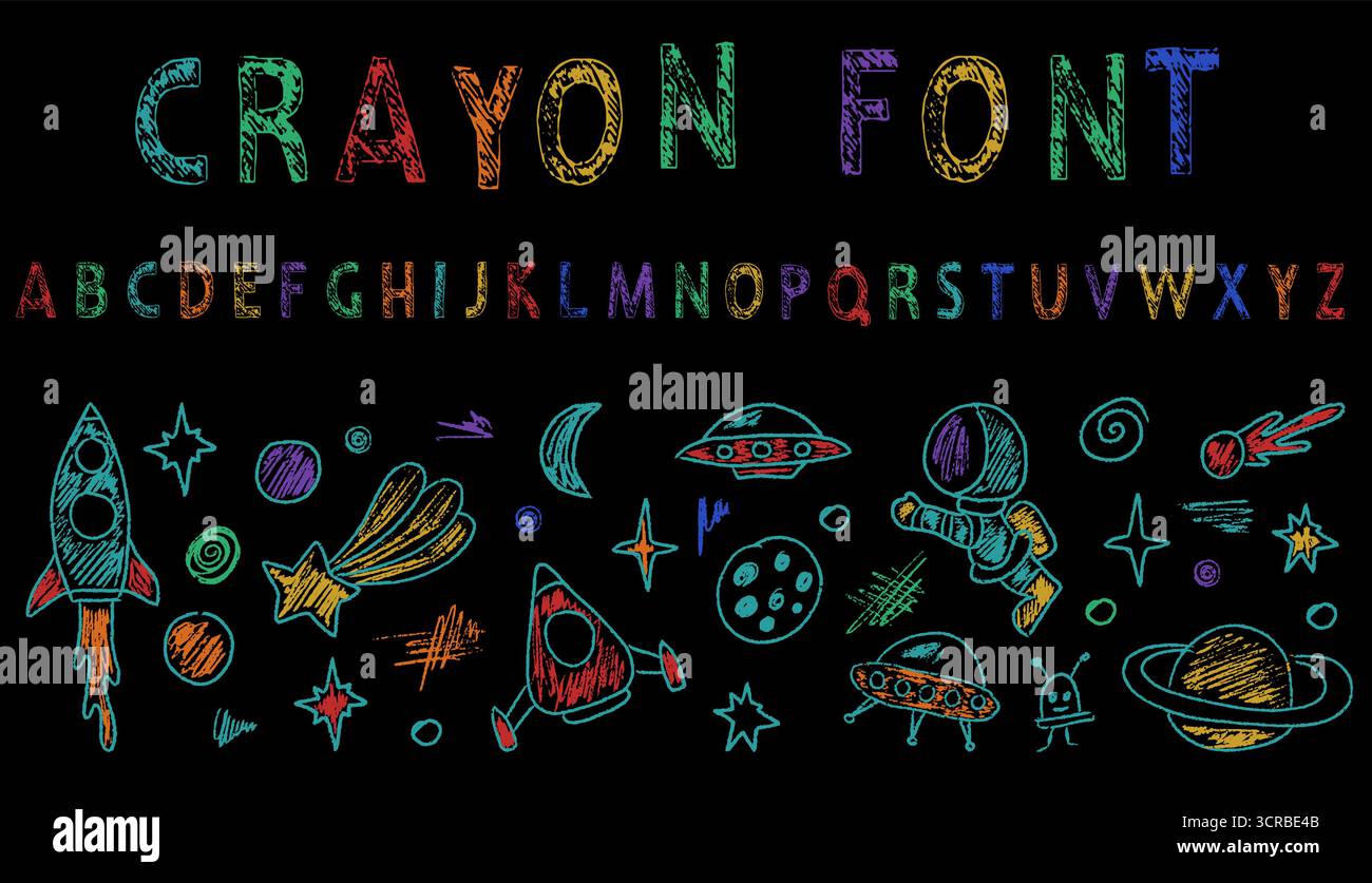 Handgezeichnete Buntstift-Illustration eines Astronauten, der in der Nähe einer Rakete und Planeten schwimmt, mit verspielten englischen Buntstift-Buchstaben Stock Vektor
