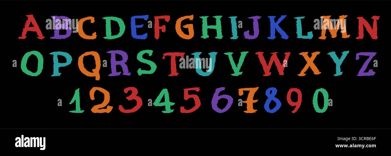 Handgezeichnete Buntstifte Buchstaben und Zahlen mit fröhlichen Kritzeleien auf kontrastierendem dunklem Hintergrund. Stock Vektor