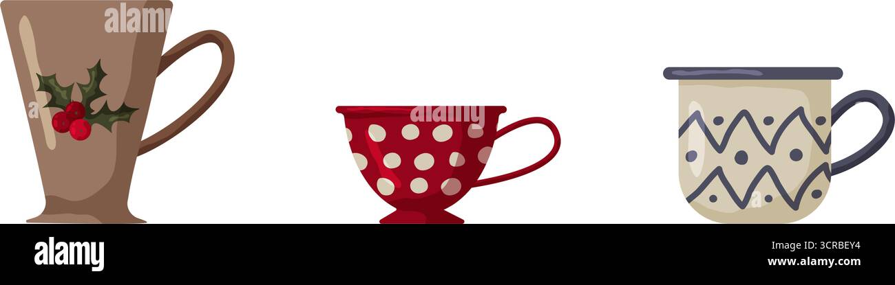 Die Ausstellung zeigt drei verschiedene Weihnachtsbecher mit traditioneller Dekoration. Jeder Becher variiert in Farbe und Muster, was einen festlichen Geist und eine festliche Atmosphäre unterstreicht Stock Vektor