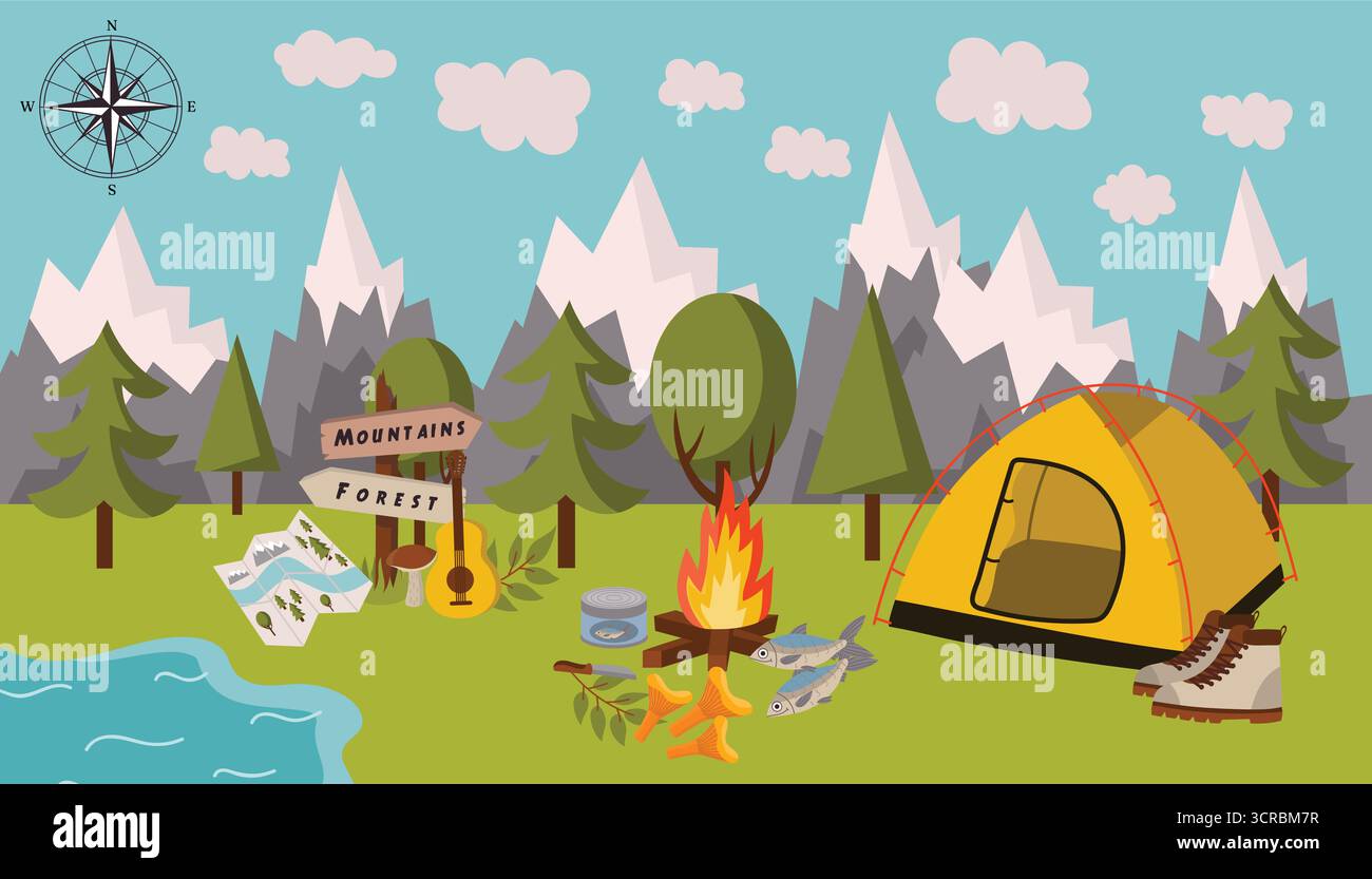 Sommercamping horizontale Szene mit Berglandschaft, Wald, blauem bewölktem Himmel, Zelt, Lagerfeuer, Fisch, Karte, Gitarre, Wanderschuhe in flachem Cartoon styl Stock Vektor