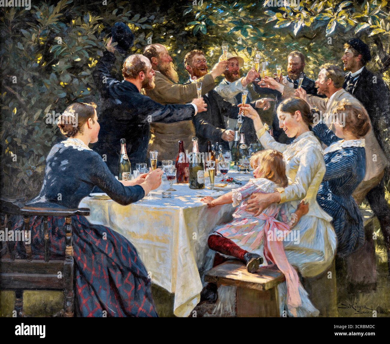 P.S. Krøyer, Hip, Hip, Hurrah! Künstlerparty in Skagen (1888), Öl auf Leinwand der Skagener Maler, die in einem sonnendurchfluteten Garten tosten. Stock Vektor