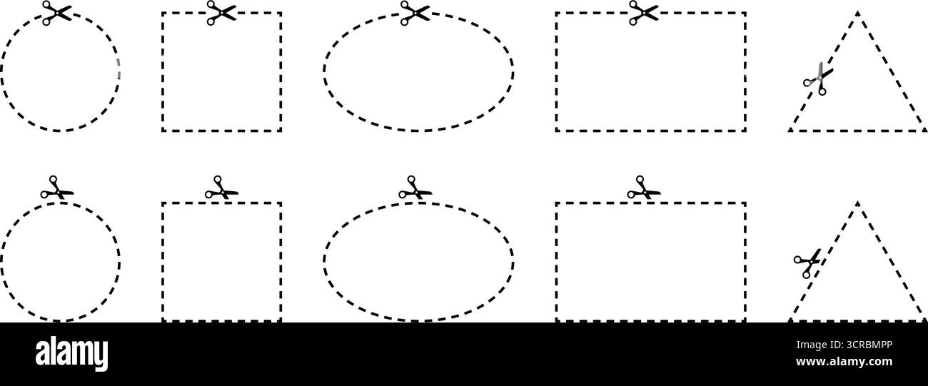 Coupon mit Schere. Ränder mit runden, dreieckigen und rechteckigen Strichen. Leere gepunktete Vektor-Rahmenvorlagen für Werbedesign. Stock Vektor
