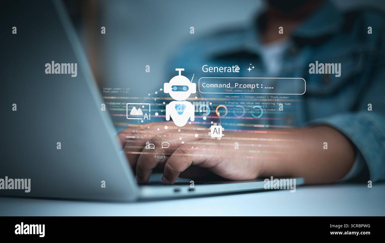 Generativer AI-Chatbot mit Eingabeaufforderungsschnittstelle auf Laptop. Digitales Assistenzkonzept für Automatisierung, Kodierung, Datenverarbeitung, maschinelles Lernen und Stockfoto