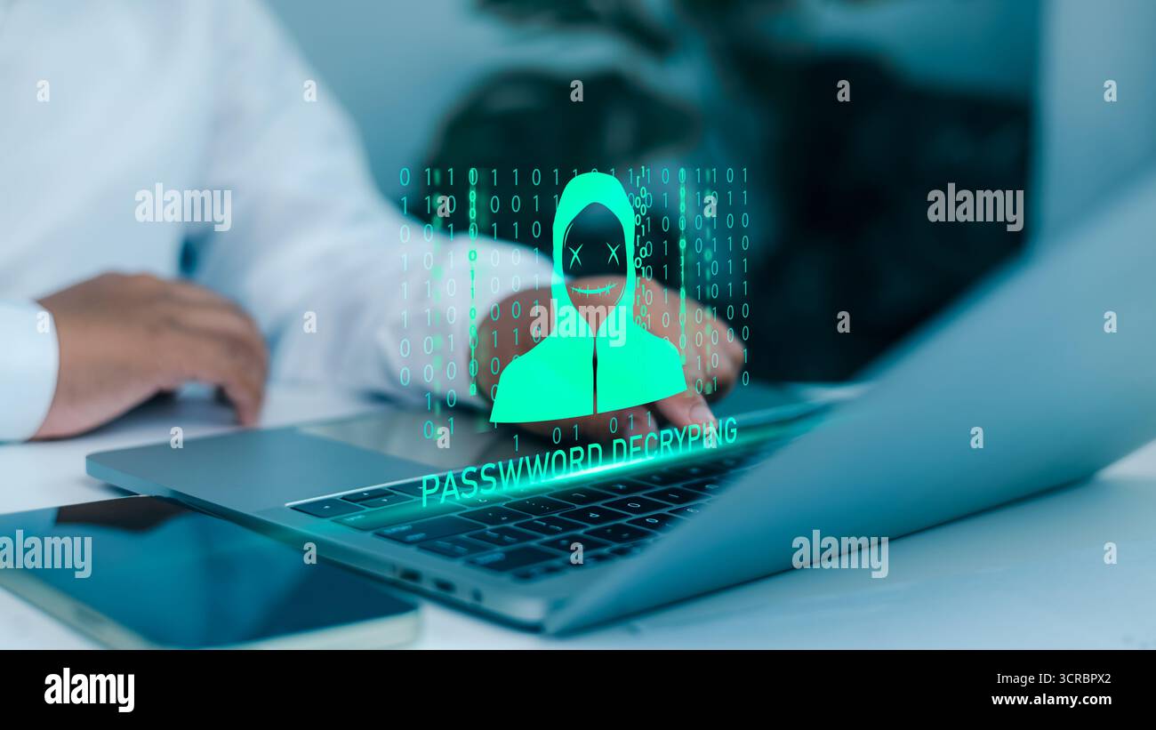 Cybersecurity Hacking Threat Konzept mit Hacker, der Passwort auf Laptop entschlüsselt. Verletzung digitaler Daten, Online-Sicherheitsrisiken, Cyberangriffe und Computer Stockfoto