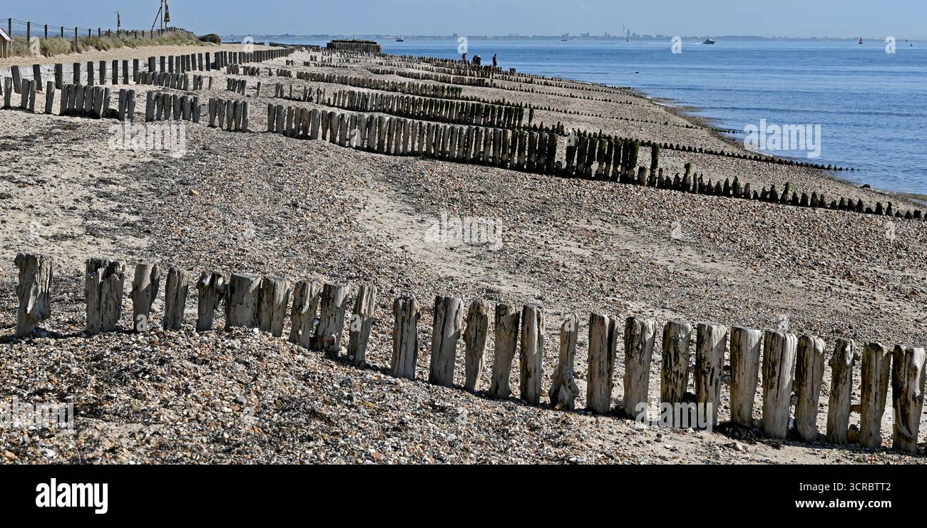 Lepe Beach, ein Sandstrand, der Teil des Lepe Country Park ist, liegt im New Forest mit Blick auf die Isle of Wight. Stockfoto