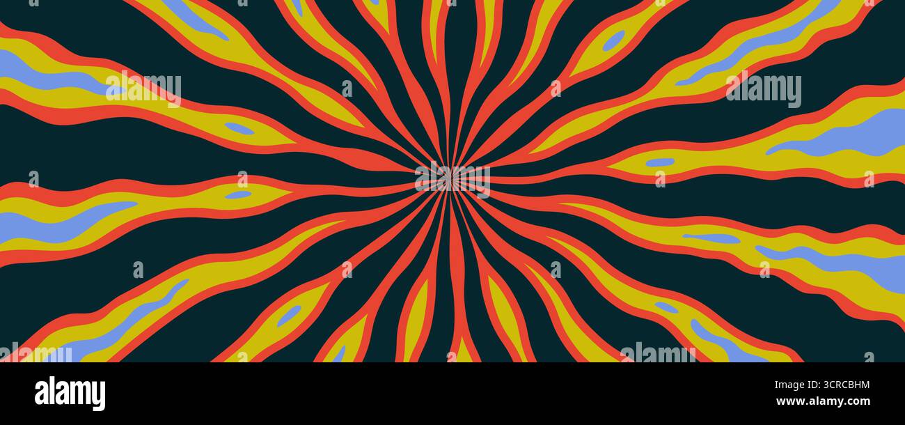 Psychedelischer Feuerlavahintergrund mit abstrakten roten, gelben und blauen Wellenstrahlen auf dunklem Hintergrund. Grooviges Retro-Muster. Ideal für Poster, Cover oder Stock Vektor