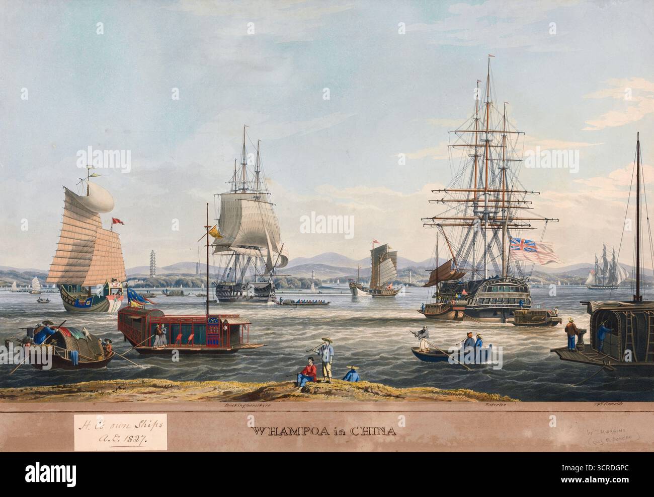 Handgefärbter Aquatint- und ÄtzAquarelldruck von Whampoa in China 1835 19. Jahrhundert, von Edward Duncan nach William John Huggins Kunstwerk Vintage Antiquitätendruck Segelschiffe und chinesische Junks. Whampoa (Huangpu) war der Haupthafen für den Außenhandel in China, etwa 13 Meilen flussabwärts vom Kanton (Guangzhou) am Perlfluss Stockfoto