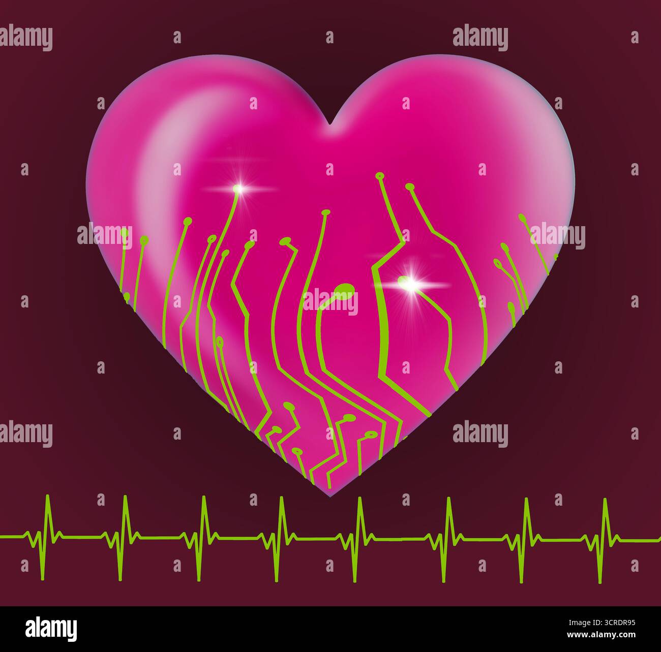 Elektrische Schaltkreise und ein EKG-Diagramm mit Herzdesign sind in einer Illustration über Arrhythmie und Herzschrittmacher zu sehen. Stockfoto