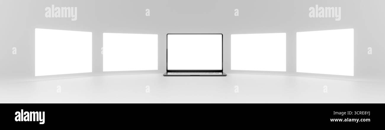 Sequenz von fünf Laptopbildschirmen mit dem Computer in der Mitte und schwebenden Bildschirmen an den Seiten auf weißem Hintergrund. Leere Vorlage für Ihre Websi Stockfoto