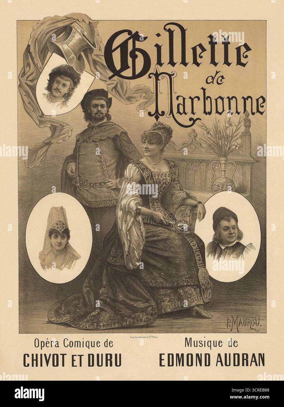 Vintage-Poster für die Comic-Oper Gillette de Narbonne von Edmond Audran mit Worten von Alfred Duru und Henri Chivot. Frankreich. 1883. Stockfoto