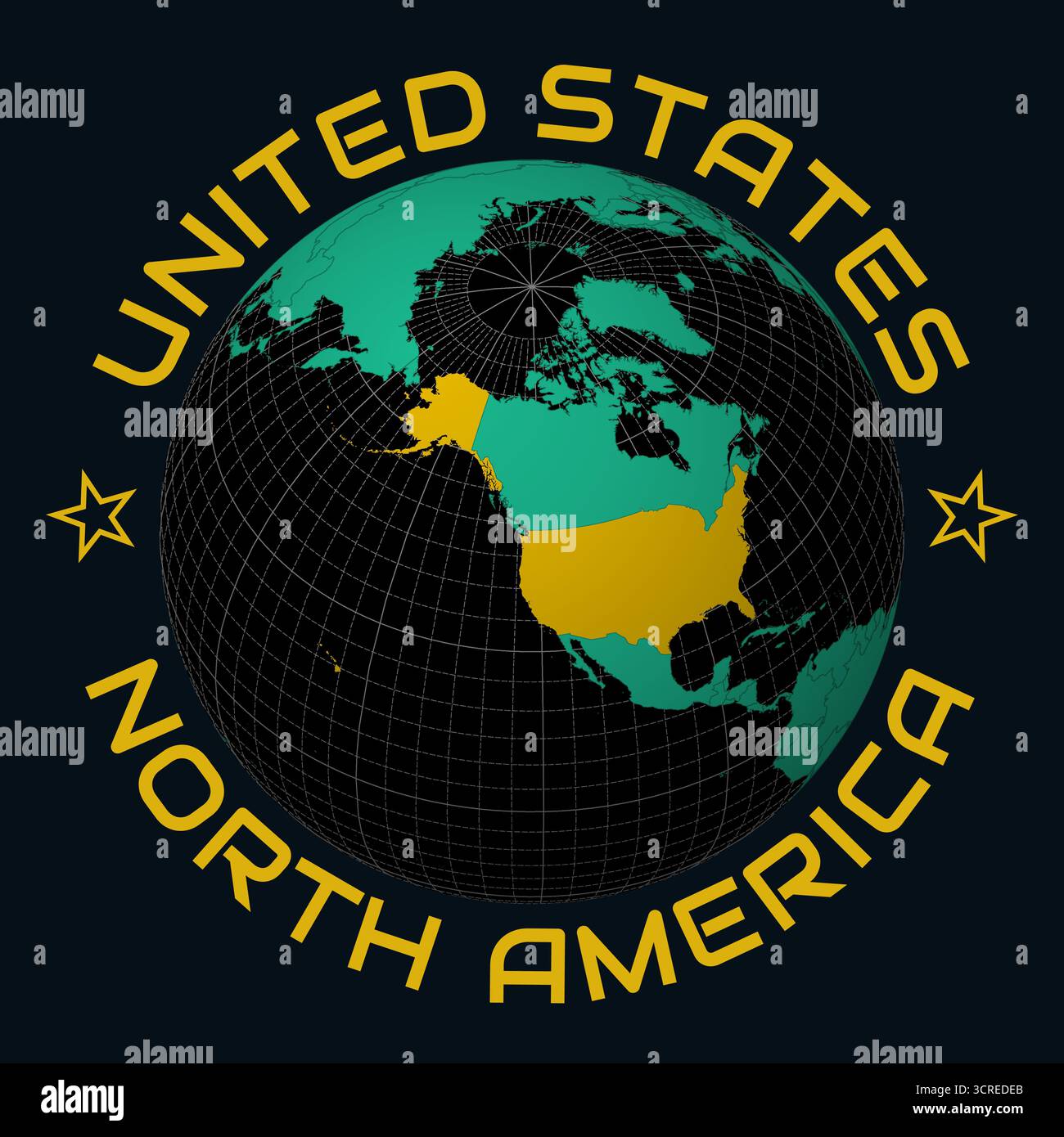 Die Vereinigten Staaten von Amerika auf Globe. Runder Text für Land und Kontinent. Länderansicht auf Weltkarte in der Farbpalette Black Emerald. Stock Vektor