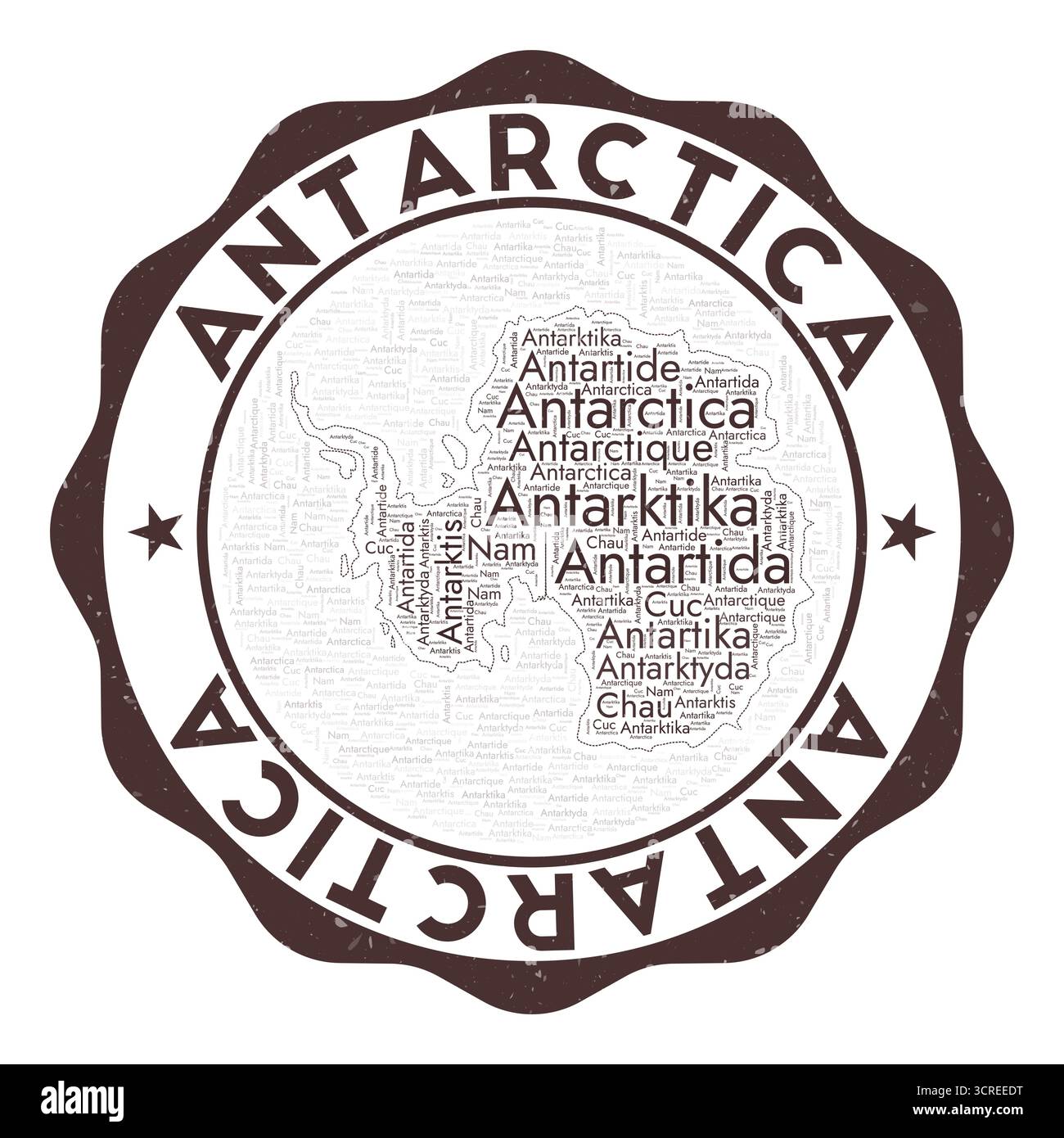 Antarktis-Logo. Schönes Landabzeichen mit Wortwolke in Form der Antarktis. Rundes Emblem mit Ländername. Illustration des Strahlungsvektors. Stock Vektor