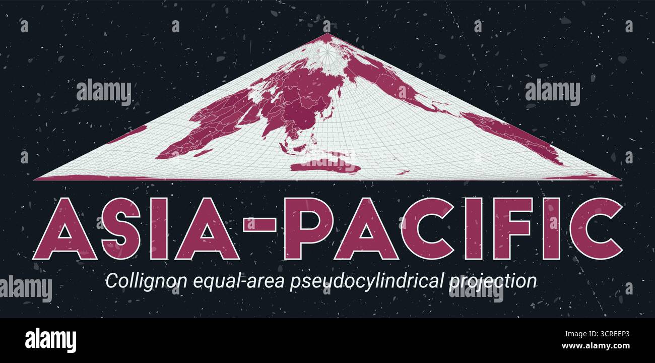 Asien-Pazifik. Weltkarte. Collignon-EQUAL-Area-pseudozylindrische Projektion mit Fokus auf Asien-Pazifik. Palette Pale Mint Dark Pink. Vintage-Textur. Stock Vektor