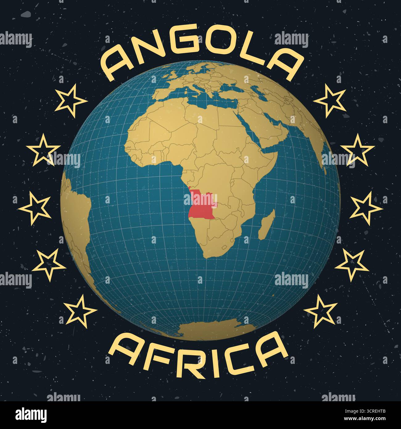 Angola auf Globe. Ländername in rundem Text. Vintage-Look mit zerkratzter Grunge-Textur. Stock Vektor