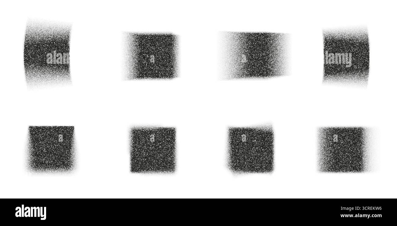 Set aus rauschenden, rechteckigen und quadratischen Formen, verschwommener Rasterverlaufsstruktur, abstraktem gepunktetem Rauschmuster in Schwarz und weiß, Grunge Stock Vektor