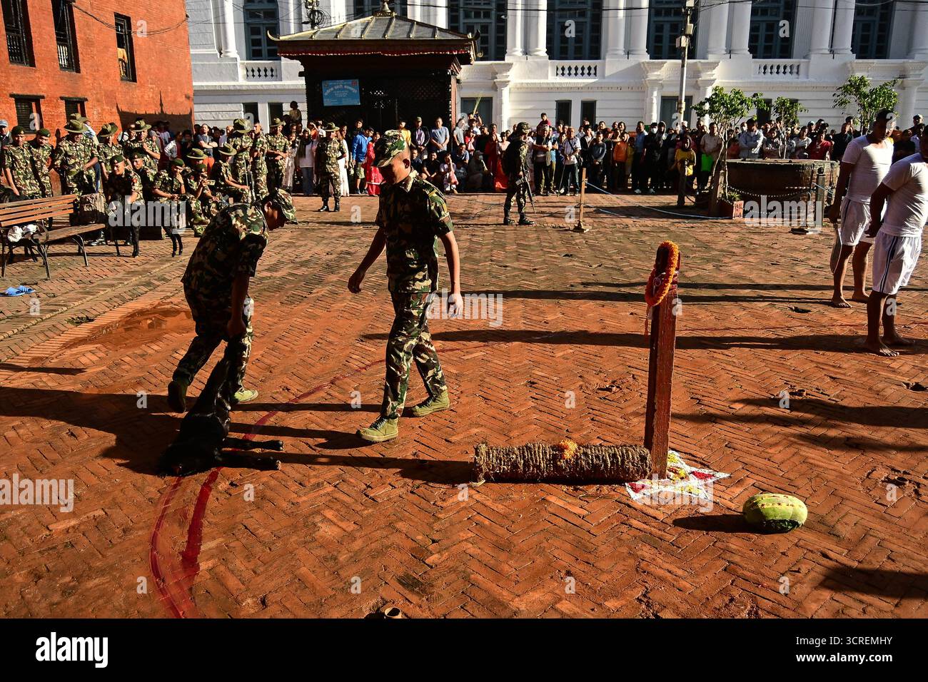 Kathmandu, Nepal. 1. Oktober 2025. Grafikinhalt: Mitarbeiter der nepalesischen Armee schleppen eine geopferte Ziege über den Kathmandu Durbar Platz während Maha Nawami, dem neunten Tag von Dashain. Der Umgang mit geopferten Tieren folgt jahrhundertealten hinduistischen Ritualen, die von Priestern und Armeepersonal durchgeführt wurden. Quelle: Safal Prakash Shrestha/Alamy Live News Stockfoto