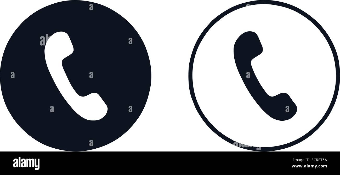 Symbolsatz für dualen Telefonanruf – Schwarzweiß-Rundtelefonsymbole für mobile Benutzeroberfläche, Kontakttasten, Kommunikations-Apps und Webinterface-Design Stock Vektor