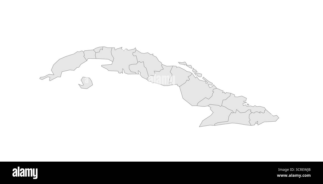 Politische Landkarte der Verwaltungsbereiche Kubas - Provinzen. Grau leerer Vektor bearbeitbare Karte EPS. Stock Vektor