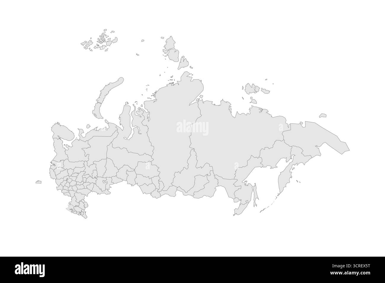 Russland politische Karte der administrativen Unterteilungen - Oblasten, Republiken, autonome Okrugs, Krais, autonome Oblast und zwei Bundesstädte Moskau und St. Petersburg. Grau leerer Vektor bearbeitbare Karte EPS. Stock Vektor