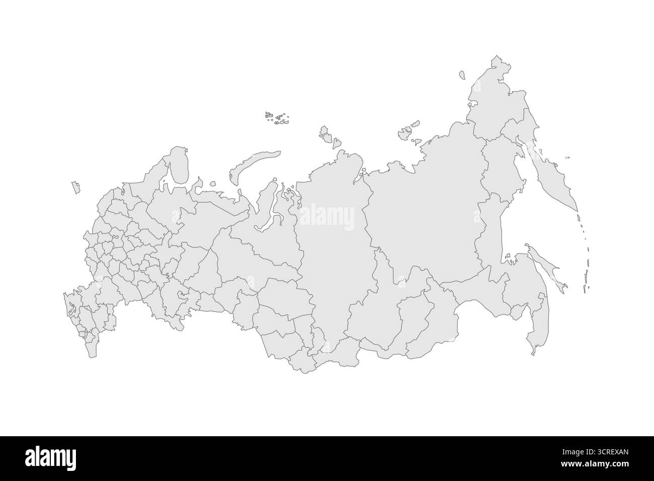 Russland politische Karte der administrativen Unterteilungen - Oblasten, Republiken, autonome Okrugs, Krais, autonome Oblast und zwei Bundesstädte Moskau und St. Petersburg. Grau leerer Vektor bearbeitbare Karte EPS. Stock Vektor