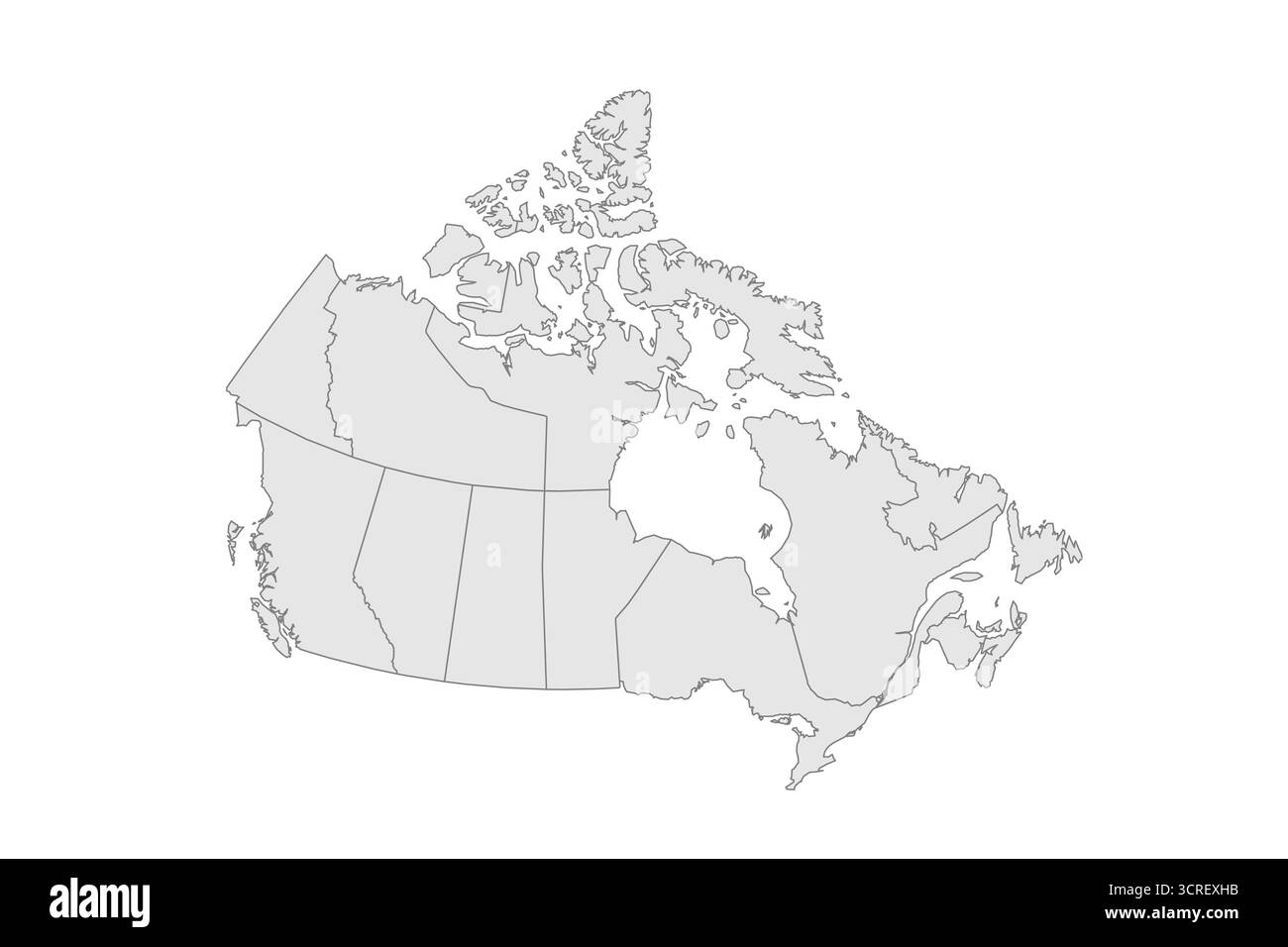 Politische Karte der Verwaltungsbereiche in Kanada – Provinzen und Territorien. Grau leerer Vektor bearbeitbare Karte EPS. Stock Vektor