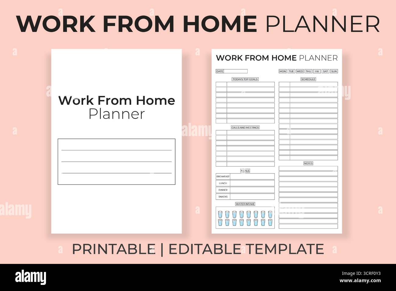 Eine Work from Home Planner-Vorlage, druckbarer Tages- und Wochenplan, Remote Office Routine Tracker, editierbares digitales KDP Interior Stock Vektor