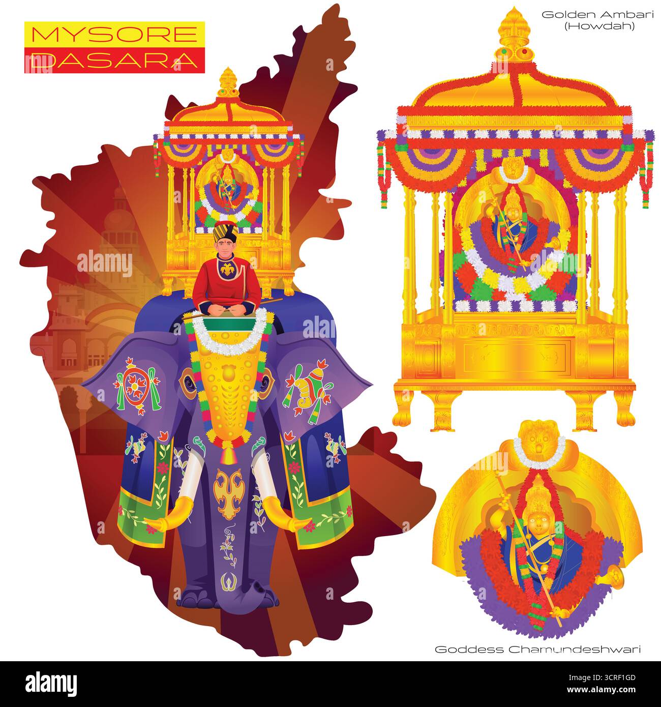 Mysore Dasara Golden Ambari (Howdah) trug während des Jamboo Savari auf Vijayadashami den Hauptelefanten und hielt das Idol der Göttin Chamundeshwar Stock Vektor