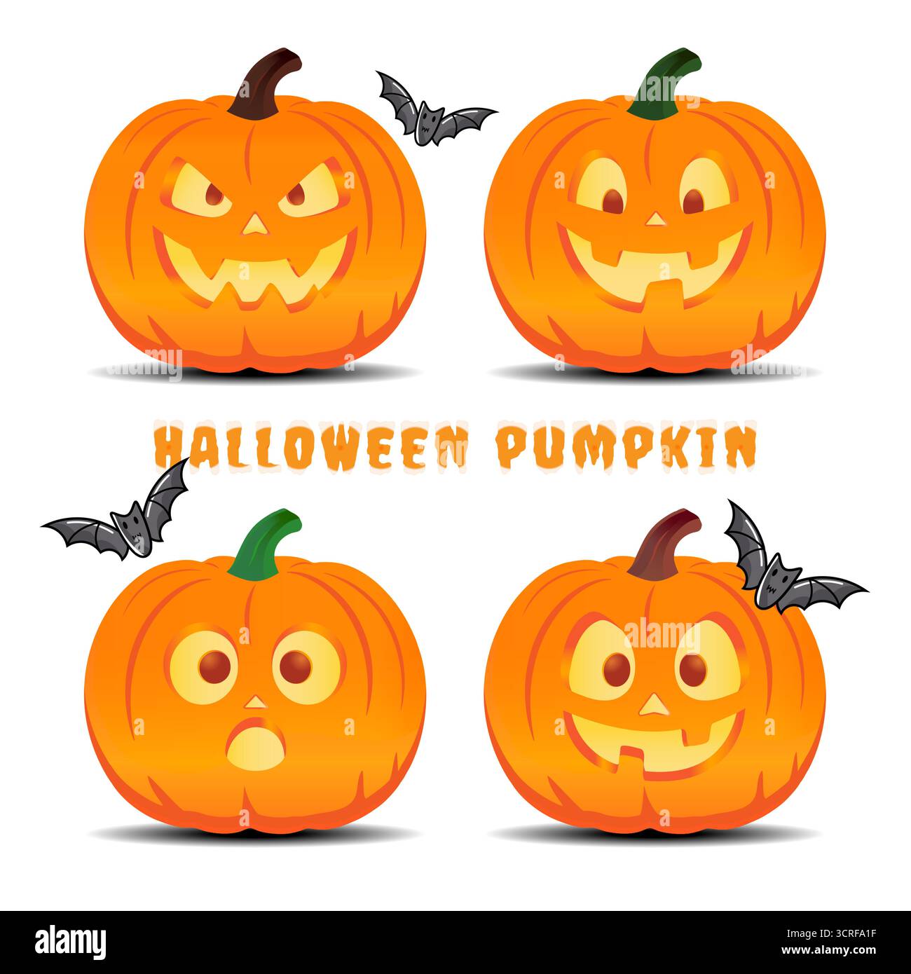 Halloween Vektor Set von 4 geschnitzten Kürbis Jack-o'-Laternen mit einzigartigen leuchtenden Gesichtern und Fledermäusen. Ideal für saisonale Designs, Partyeinladungen und Aufkleber Stock Vektor