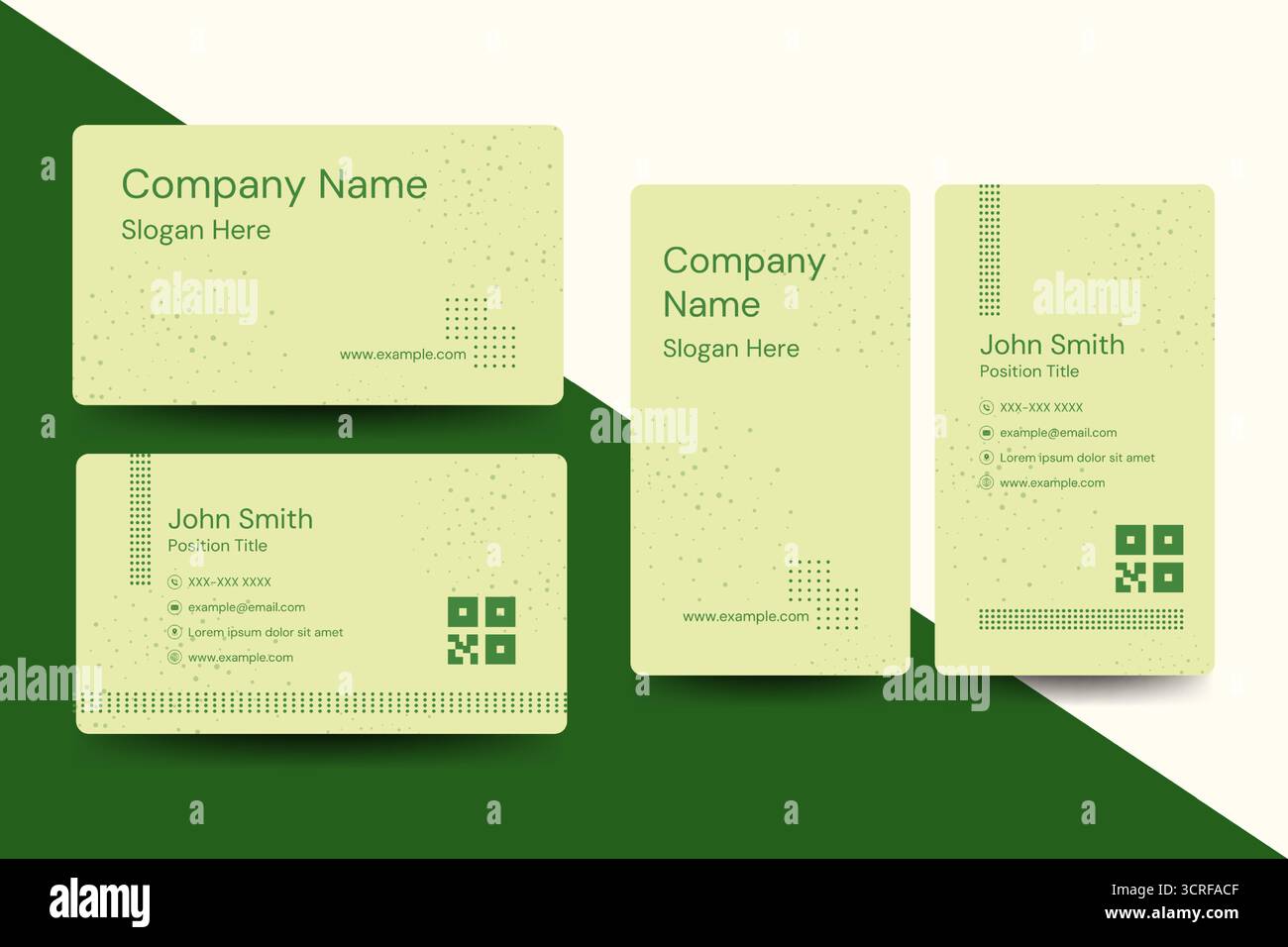 Ein sauberes, grünes Visitenkartenlayout mit modernem, minimalem Stil. Ideal für umweltfreundliche Marken, Corporate Identity und persönliche professionelle Karten. Stock Vektor