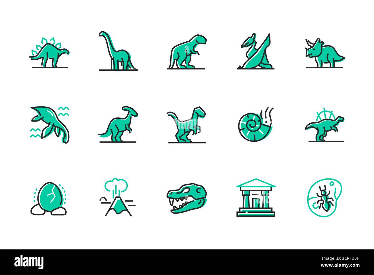 Verschiedene Dinosaurier – Set mit Ikonen im Liniendesign Stock Vektor