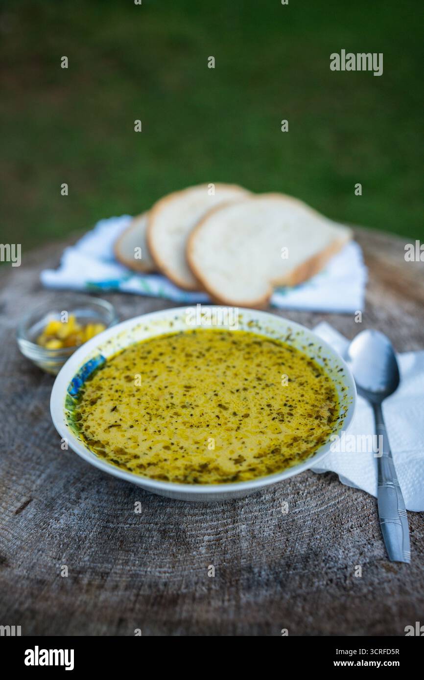Schweinepilzsuppe, serviert im Freien mit Brotscheiben und eingelegter Chili auf einem rustikalen Baumstumpftisch im Apuseni-Gebirge, Rumänien Stockfoto
