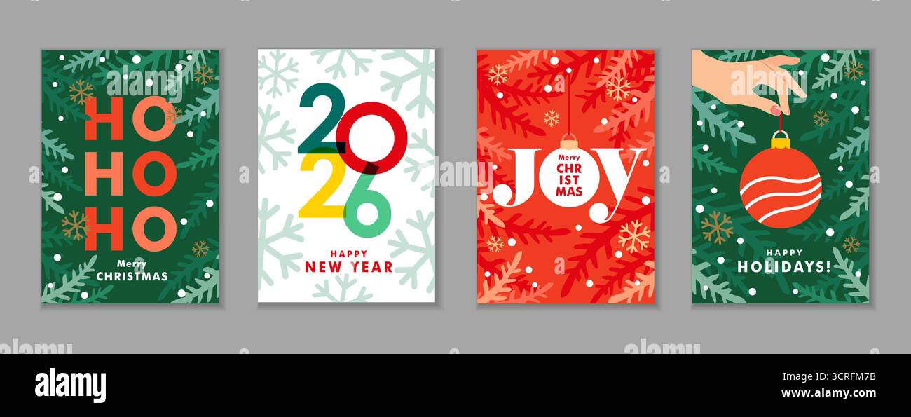 Modern Merry Christmas and Happy New Year 2026 wunderschöne Grußkarten Set. Kreatives Design für Neujahrsposter oder Kalenderumschläge. Vektor Stock Vektor