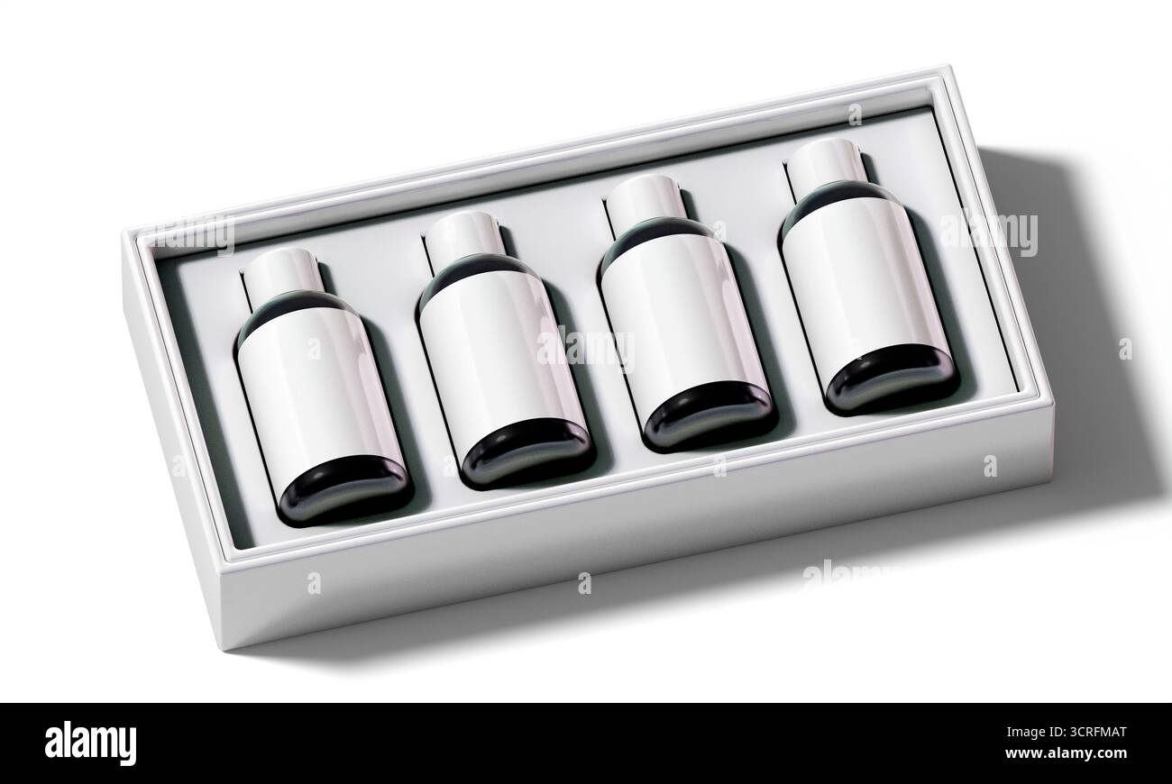 Set mit Hotelausstattung, Flaschen in Box, isoliertes Modell. 3D-Rendering. Stockfoto