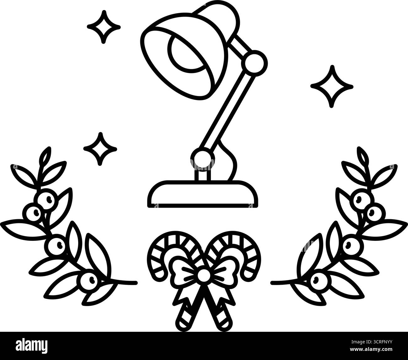 Eine Lampe ist in der Mitte eines Blattkränzes gezeichnet. Die Lampe ist von einem Band und einem Zuckerrohr umgeben. Das Konzept von Wärme und Gemütlichkeit als Lampe Stock Vektor