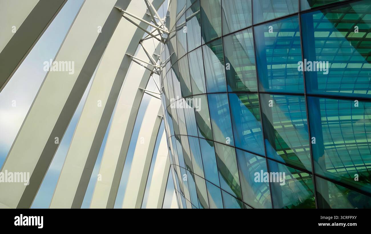 Geschwungene Glasfassade und strukturelle Rippen des Flower Dome Wintergartens, Gardens by the Bay, Singapur. Stockfoto