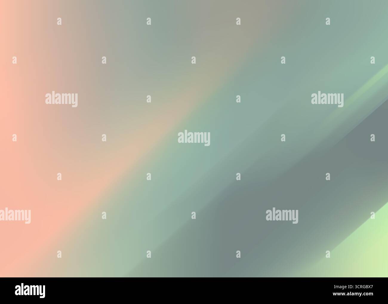 Pastellverlauf mit Grün, Pfirsich und weichem Blau, glatte diagonale Übergänge, matte Überlagerung, Minimalismus, sanfte Färbung, luftiger Effekt. Stockfoto