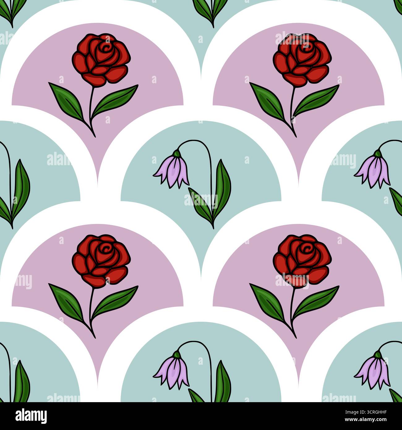 Nahtloses Vektormuster mit stilisierten roten Rosen und zarten lila Glockenblumen vor einem Hintergrund von sich überschneidenden Pastellbögen und weißen Räumen. Stock Vektor